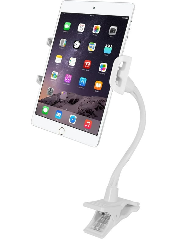 Macally Gooseneck Tablet Holder for Bed, Desk, Stroller, Bike, Airplane - Perfect as Cell Phone Clip Mount, Tablet Clamp Mount, iPhone Holder, or iPad Holder - Easy to Use and Universal Compatibility