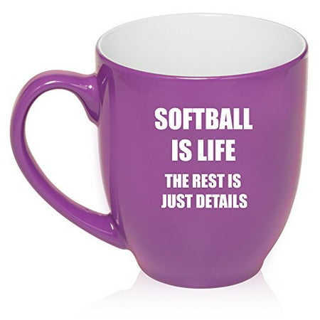 

16 oz Large Bistro Mug Ceramic Coffee Tea Glass Cup Softball Is Life (Purple)