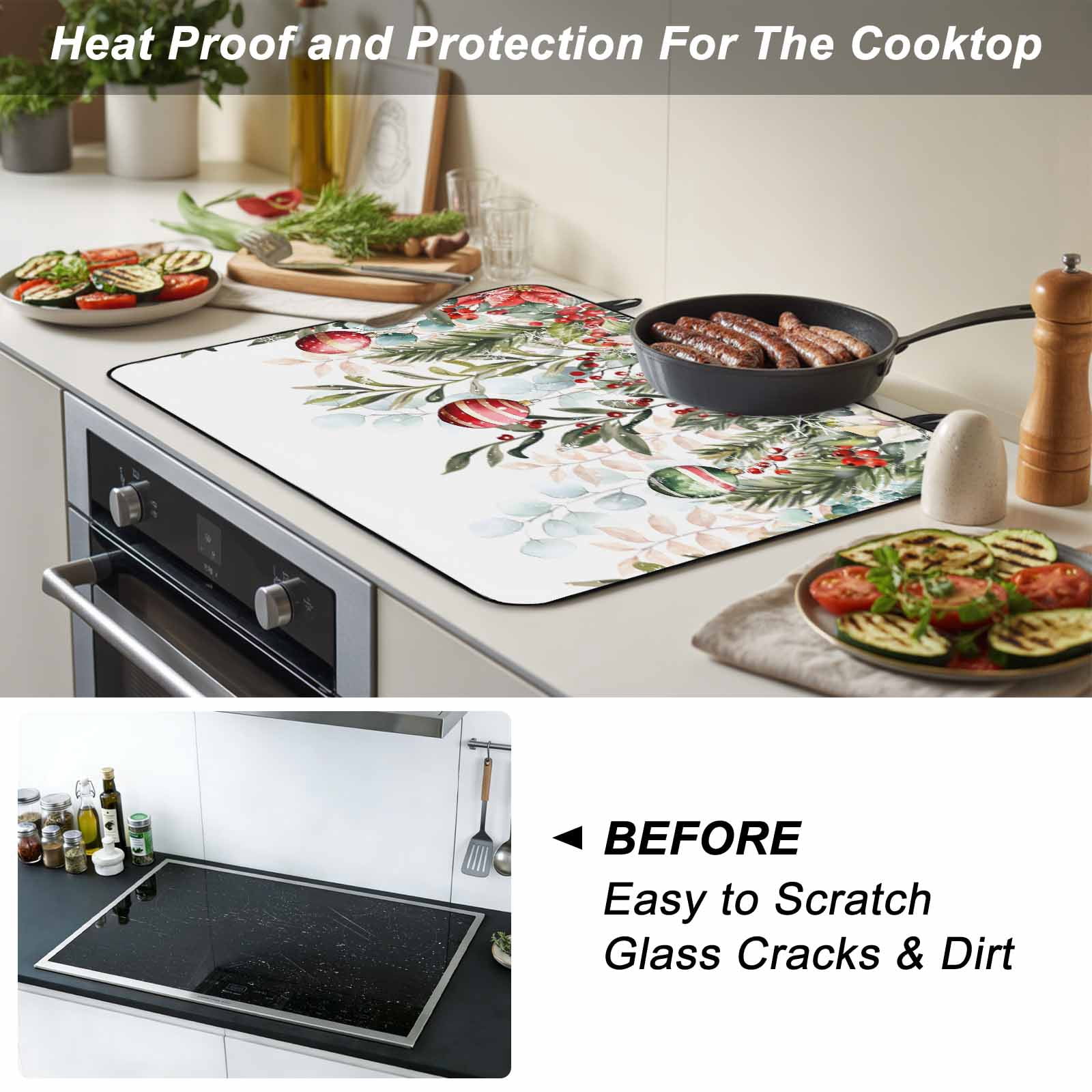 Christmas Snowflakes Stove Top Cover for Electric Stove, Heat-proof & Non Slip Glass Top Stove Cover Protector, Winter Poinsettia Xmas Balls Floral Leaf Kitchen Flat Cooktop Rubber Mat 24x21 Inches