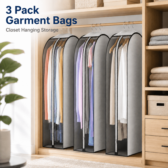 MEYRKLOE 3 Pack Garment Bags for Hanging Clothes, Breathable Suit Covers with Clear Side and Metal Zipper, Grey Closet Storage, 40 in, 10 in Gusset