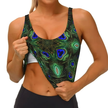 Qokaie Peacock Feathers Pattern Womens Scoop Neck Sports Bra Breathable Workout Vest Padded U Back Medium Impact Fitness Gym Yoga Bra Workout Crop Top