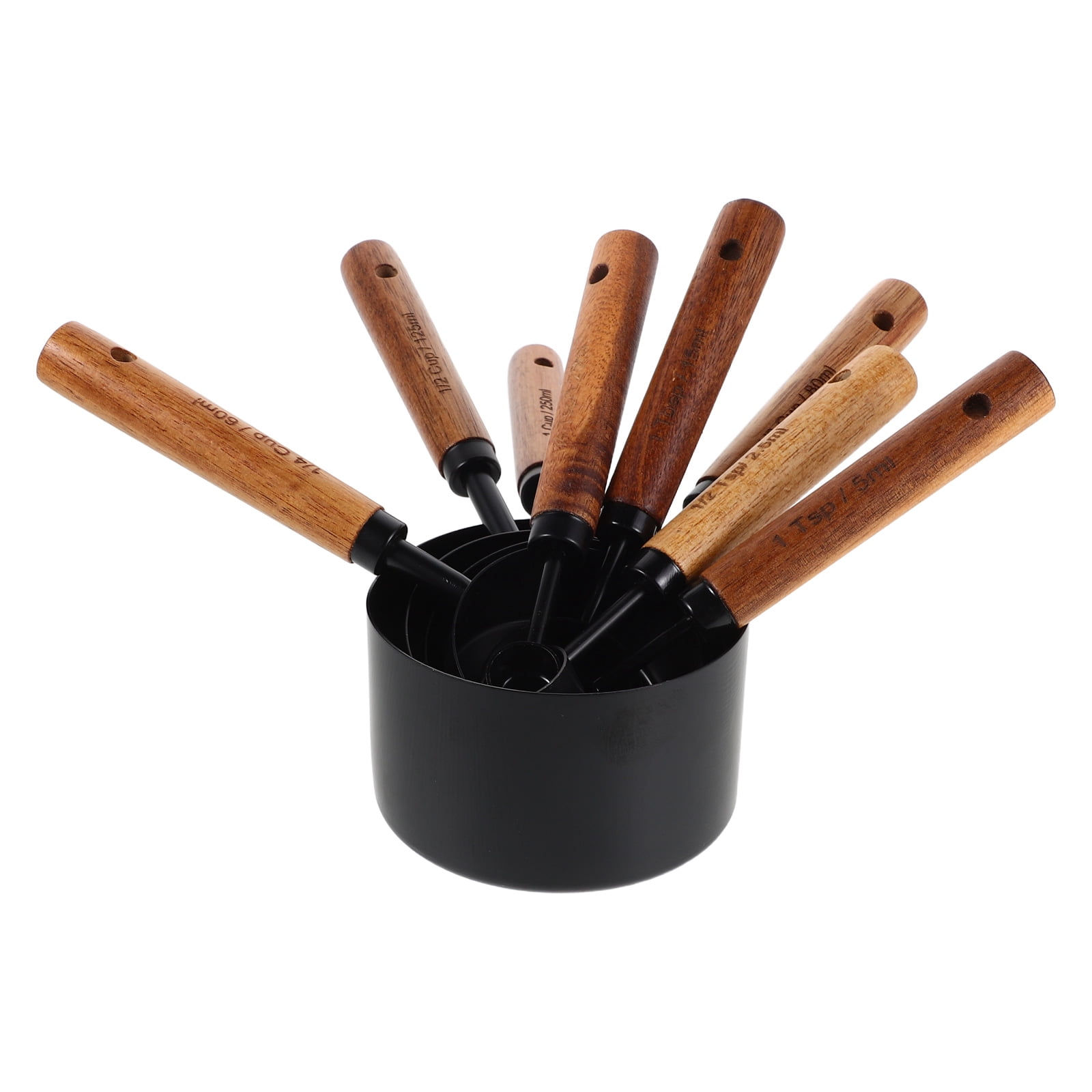 ETEREAUTY 8Pcs Stainless Steel Measuring Cups with Wood Handle Black for Home Kitchen Baking