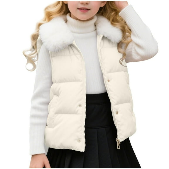 Favoffer Girls Stand-Collar Padded Vest With Pockets Warm Sleeveless Fur-lined Winter Waistcoat for Daily Outdoor Play Toddler Big Kids 2-12Y