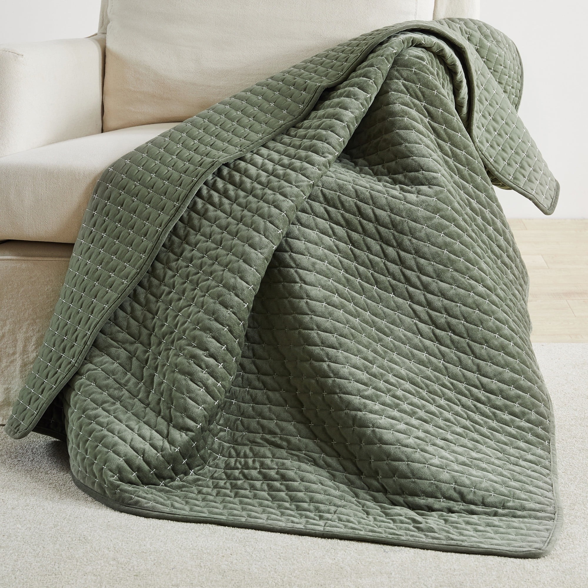 Levtex Home - Velvet Stitch - Throw - Cross Stitch Velvet - Green with White - Quilt (50x60in.) and Sham 50x60in. - Polyester