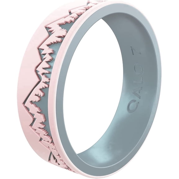 QALO Women's Rubber Silicone Ring, Ridgeline Strata, Silicone Rubber Wedding Band, Breathable, Durable Wedding Ring for Women, 6mm Wide 1.85mm Thick, Blush & Iridescent Blue, Size 5