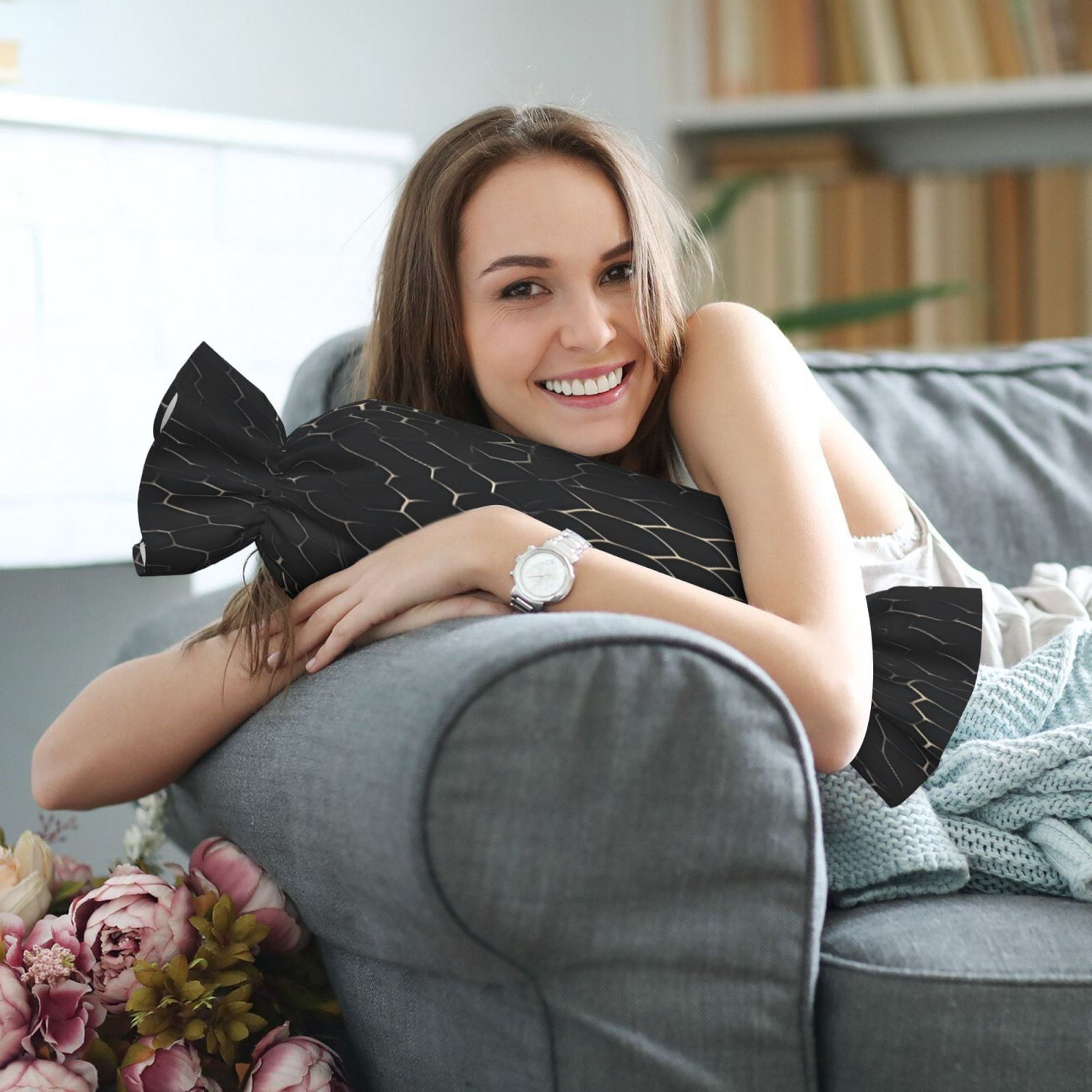 Candy Throw Pillow Travel Cervical Pillow Cylindrical Neck Body Cushion With Insert For Bed Couch Home Decor 9.8x24.4in Snake Skin Print Style On The Backgroud Of Darkgray_3