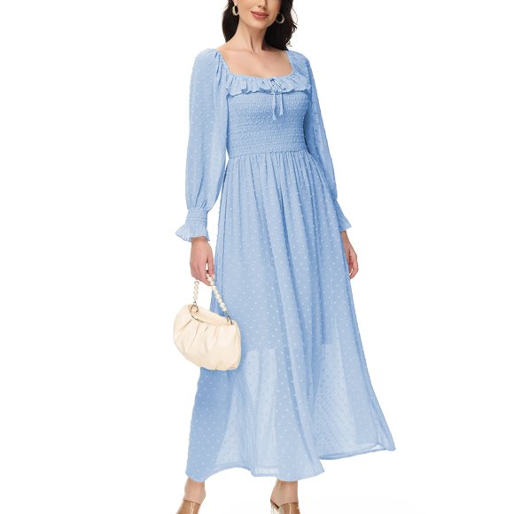 Vintage Dress Casual Long Puff Sleeve High Waist Smocked Chiffon Lace Flowy Summer Dress for Women