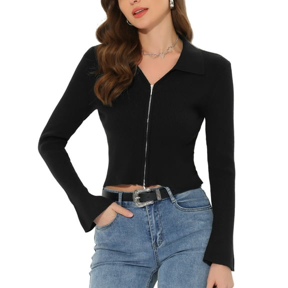 Allegra K Crop Knit Shrug for Women's Zipper Up Bell Long Sleeve Collared Sweater Top Cardigan