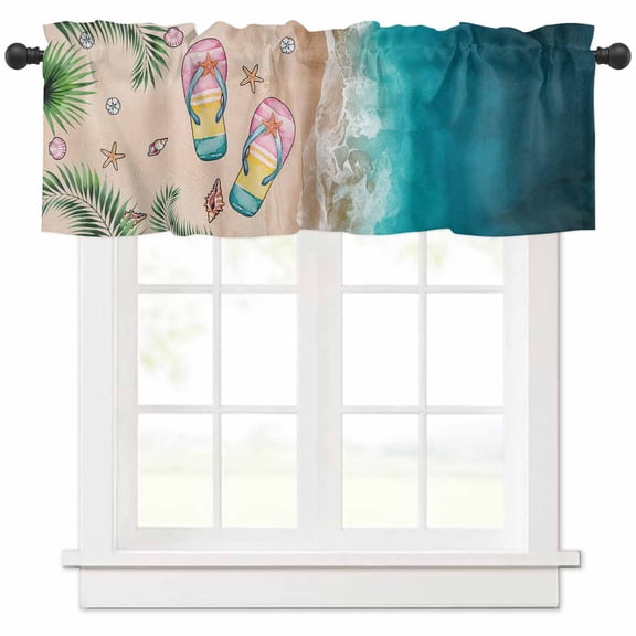 nqOlkjepod Summer Beach Coastal Farmhouse Short Window Curtain Valances, Slippers Palm Leaf Shells Coral Rod Pocket Kitchen Valances for Living Room Bedroom Bathroom Cafe, 1 Panel - 54" x 18"