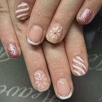 Christmas Press on Nails Short Pink Fake Nails French False Nails with Stripe Glitter Design Glossy Acrylic Nails Snowflake Artificial Nails Winter Glue on Nails New Year Stick on Nails for Women