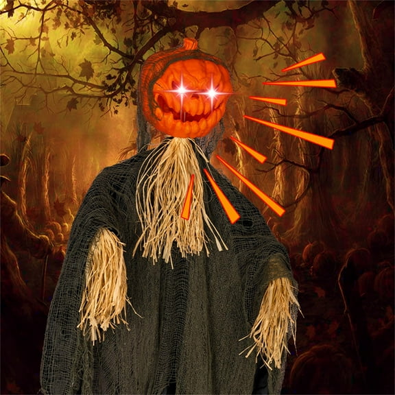 5.9 Ft Halloween Pumpkin Scarecrow Props,Halloween Hanging Pumpkin Ghost with Glowing Eyes, Sound Activated Ghost Lighted Up Scary Halloween Props for Indoor,Outdoor,Haunted House,Yard