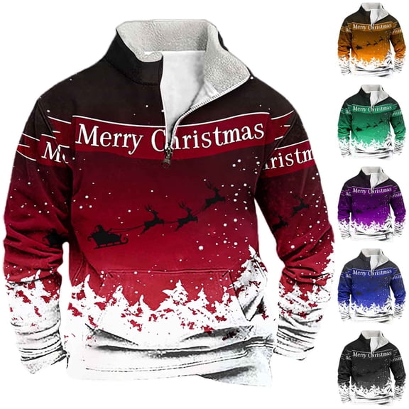 KeShDi Christmas Crewneck Sweatshirt Men Casual Fashion Stand Collar Print Zipper Pullover Long Sleeve Sweatshirt RedL