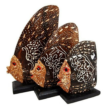 Balikraft Hand Made Wood Artisans "Ikan Batik" River Angel Fish Family Set of 3 Decorative Figurines 11"H
