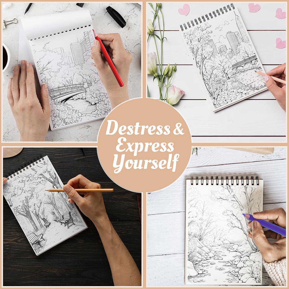 Netecom City Parks in Spring Coloring Book Spiral Bound for Adults, A5 Wooden Cover, 30 Vibrant Coloring Pages of Springtime Bliss in City for Stress Relief and Relaxation