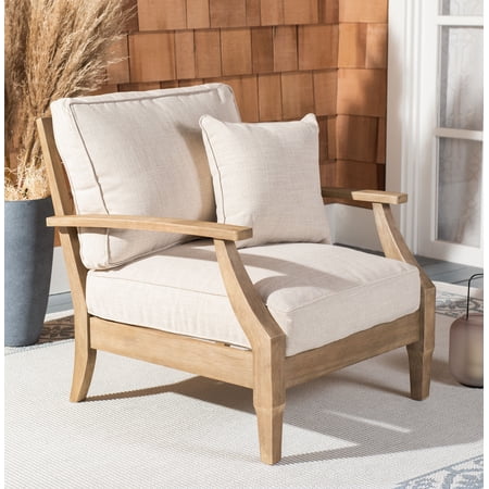 Safavieh Couture Martinique Coastal Eucalyptus Wood Solid Print Armchair, Natural/Beige