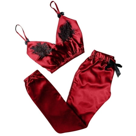 FhsagQ Lingerie for Women Plus Size White Women V-Neck Eyelash Lace Stain Camisole Pajamas Bowknot Pants Set Women Lingerie Set Red Women Lingerie Sets 2 Piece Outfits Red M