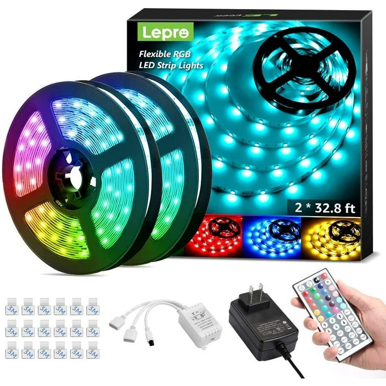 Lepro 65.6ft LED Strip Lights Ultra-Long RGB 5050 LED with Remote Controller and Fixing Clips, Color Changing Tape Light with 12V ETL Listed Adapter for Bedroom, Room, Bar(32.8FTX 2) -