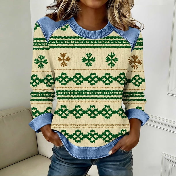 TaTaai Women's Casual Patchwork Shirt Long Sleeve Round Neck Solid Color St Patrick Day Blouse Soft Comfy Lightweight Top Spring Daily Holiday Party Wear Gift