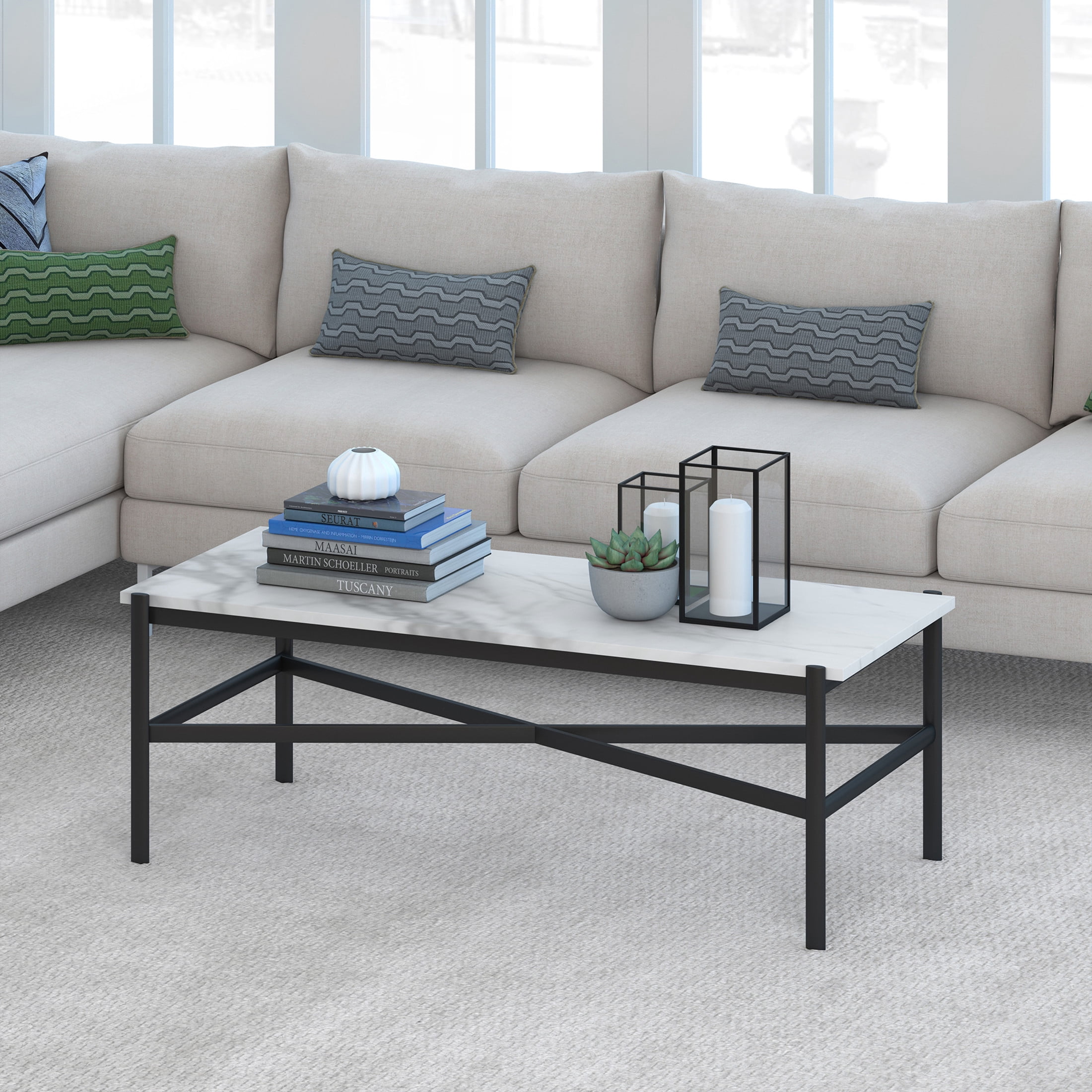 Evelyn&Zoe Metal Marble Coffee Table in Black and Bronze
