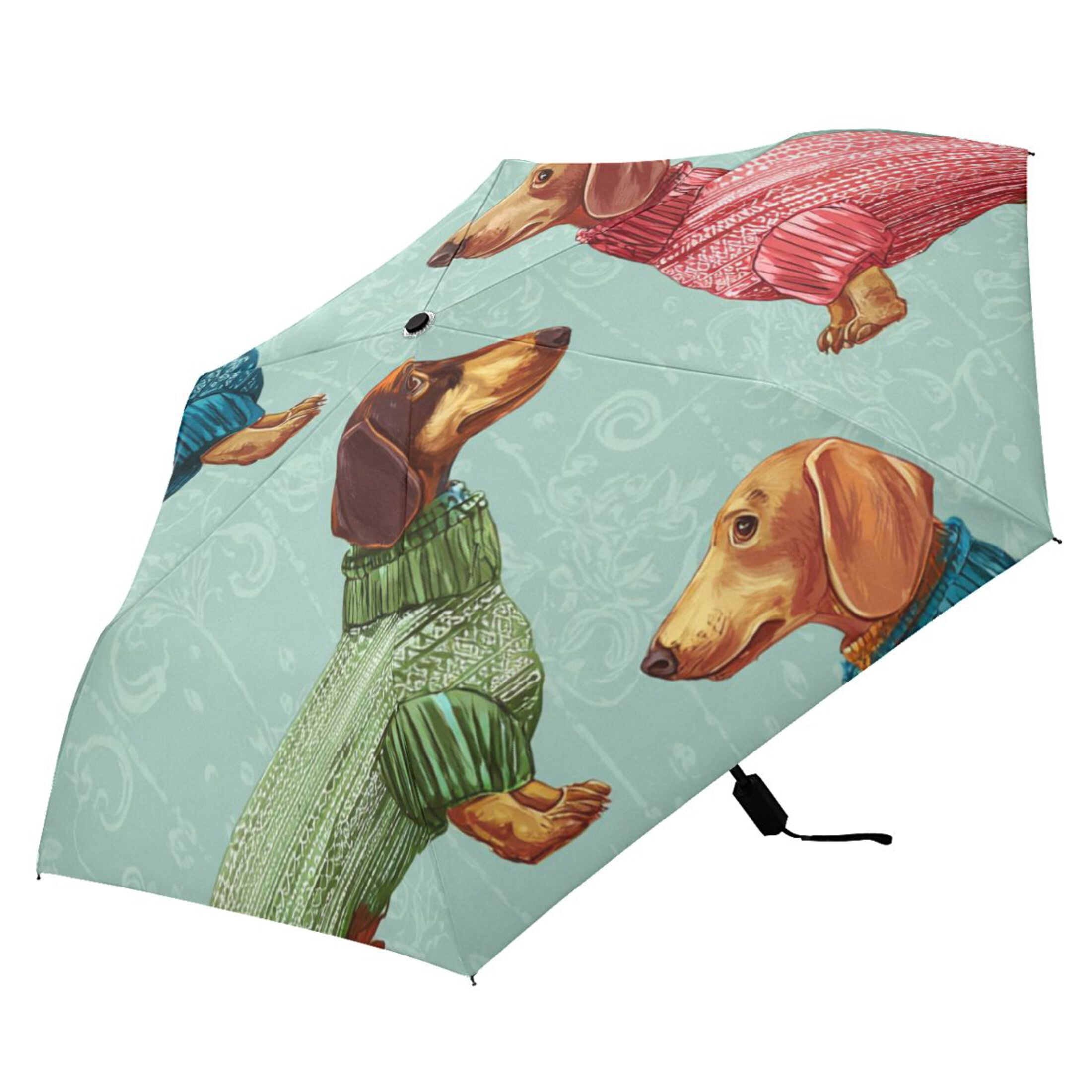Cute Dachshund in Colorful Sweaters All Weather Umbrella Triple Folding Parasol 6 Ribs UV Protection Portable