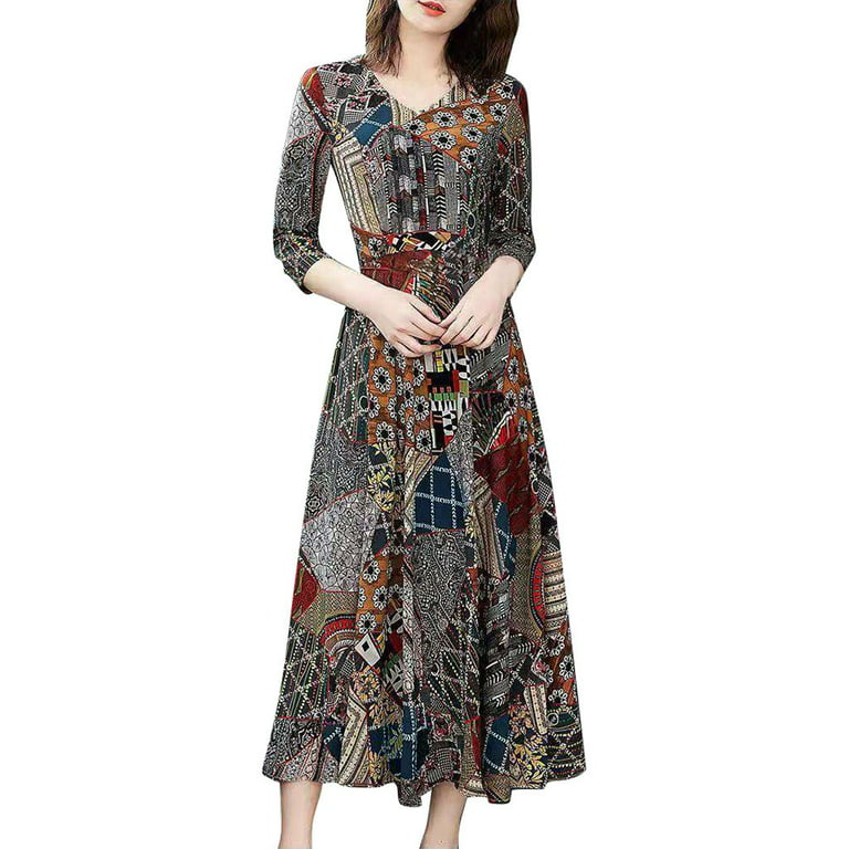 Dresses for Women 2023 Ahomtoey Women V-Neck Seven-Quarter Sleeve Long  Dress Ladies Floral Print A-line Dress Early Access Deals Gift for Adults  Great