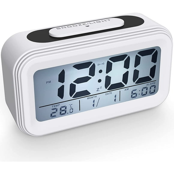 Blanc Réveil Digital Réveil Matin, Horloge Numérique Réveil à Pile Silencieux pour Enfants Adultes Grand écran LED Température Calendrier, Reveil de Voyage avec Veilleuse Snooze Fonction