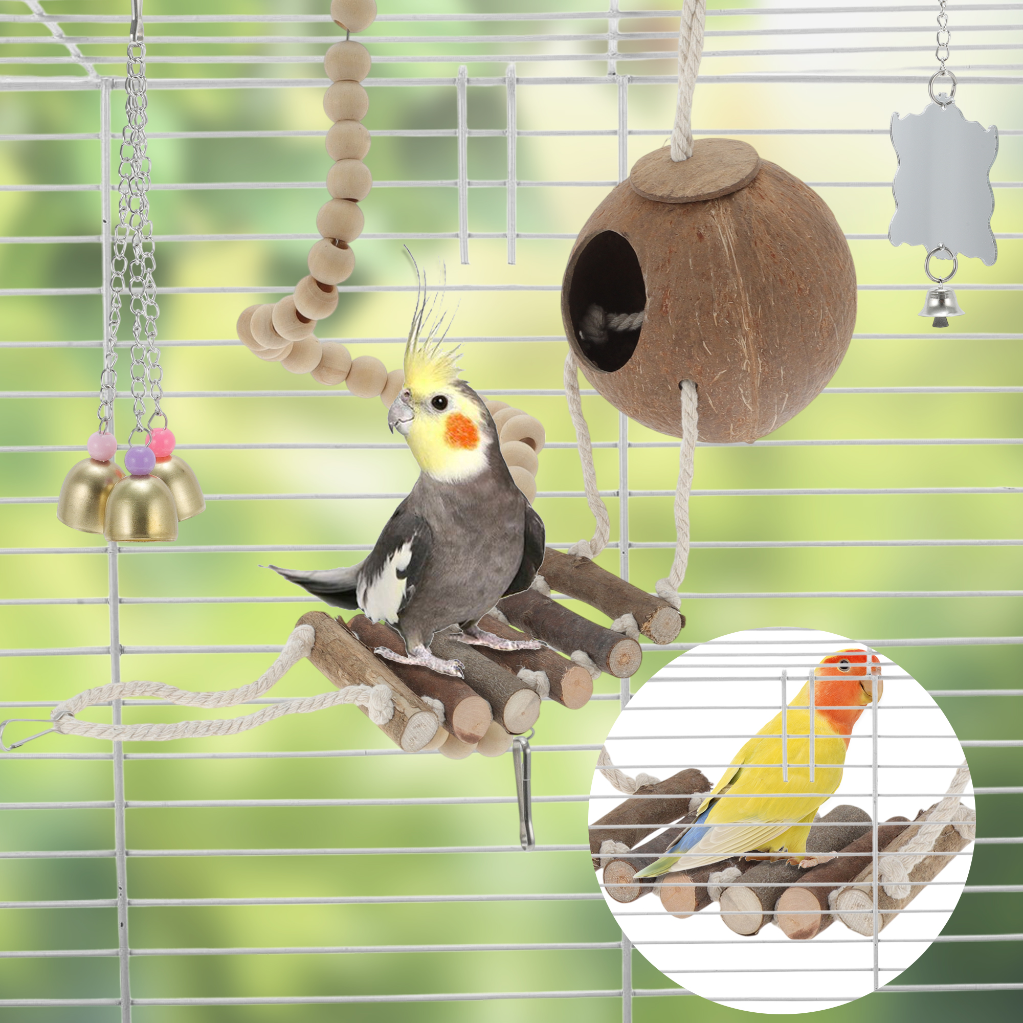 Unique Bargains 9pcs Cockatiel Toys Interactive Bird Toy Parrot Toys Parrots Chewing Wood and Rope Bird Cage Accessories for Parakeets Cockatiel Wood Color
