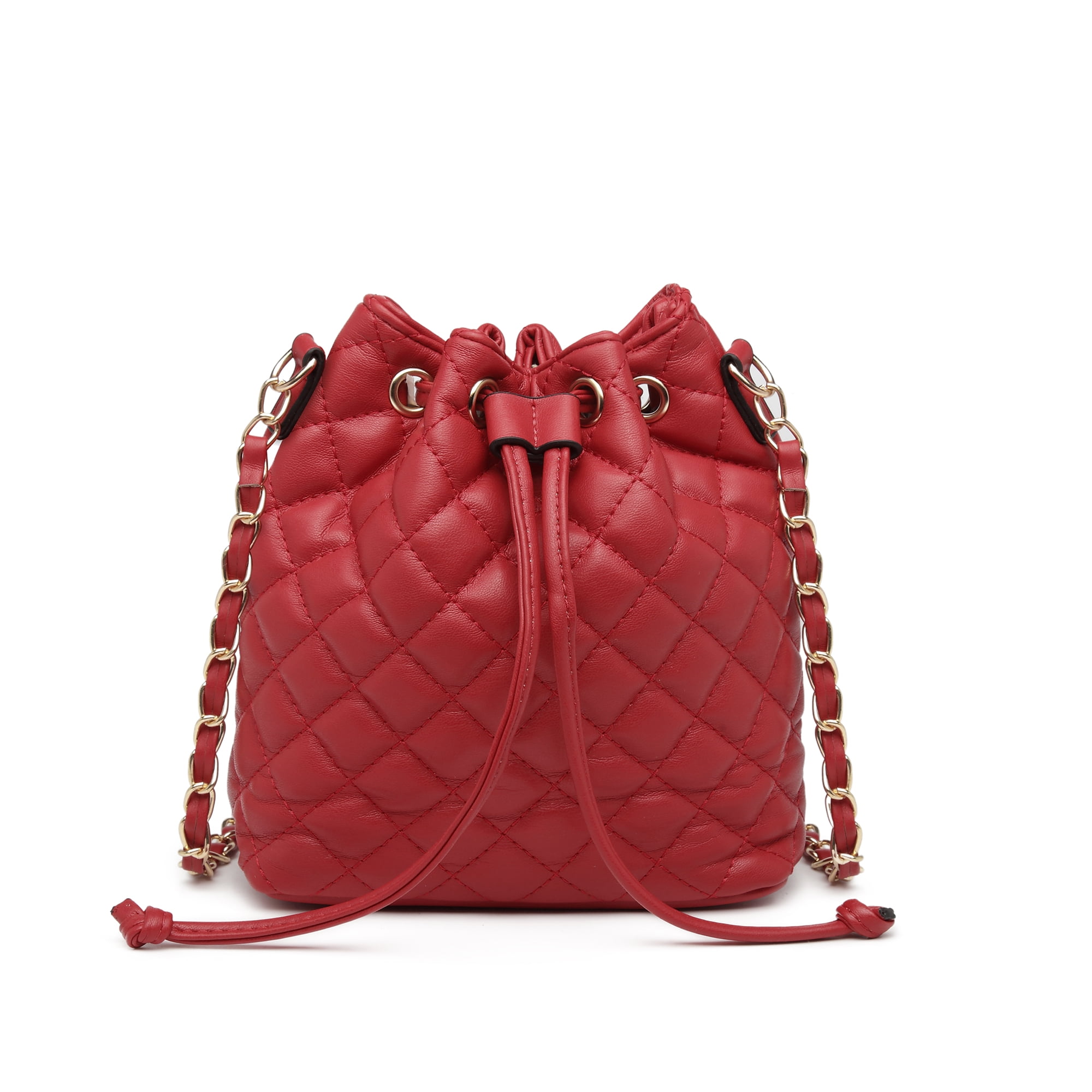 Poppy Womens Leather Quilted Crossbody Bag Handbags Purses Drawstring Bucket Shoulder Bag