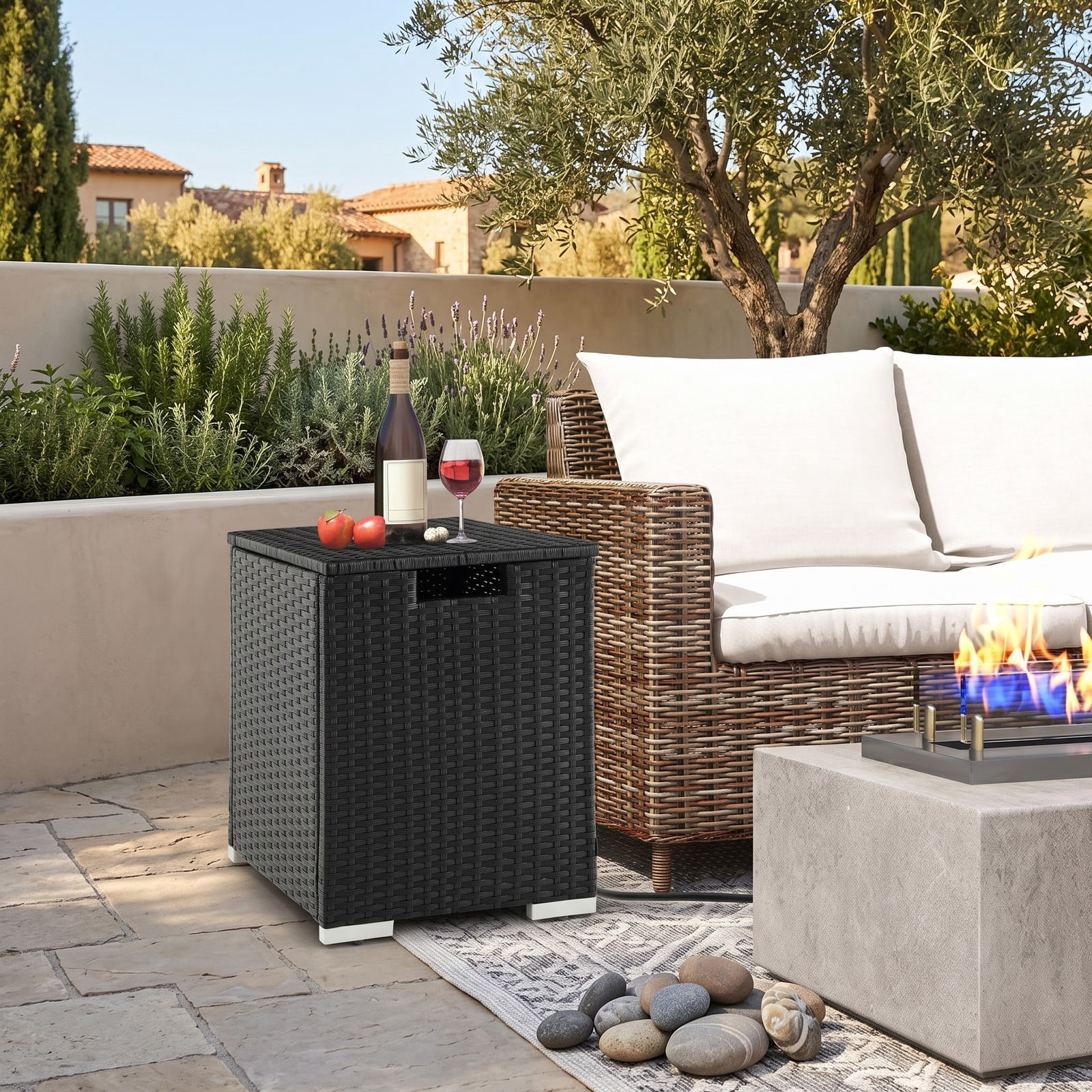 Biotree 2-in-1 Patio Rattan Propane Tank Cover Side Table for 20 lb Tanks, Outdoor PE Wicker Gas Cylinder Hideaway with Metal Frame and Adjustable Feet, Black