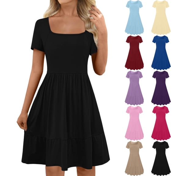 Asxite Plus Size Summer Dresses for Women Casual Solid Straight Neck Short Sleeve with Pockets Sundress