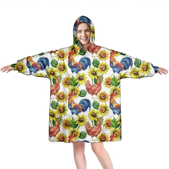 Wearable Oversized Blanket,Sunflower Chicken Pattern Wearable Blanket Hoodie for Adults,Cozy Hooded Blankets with Super Pockets,Super Warm Fuzzy Pullover for Women & Men