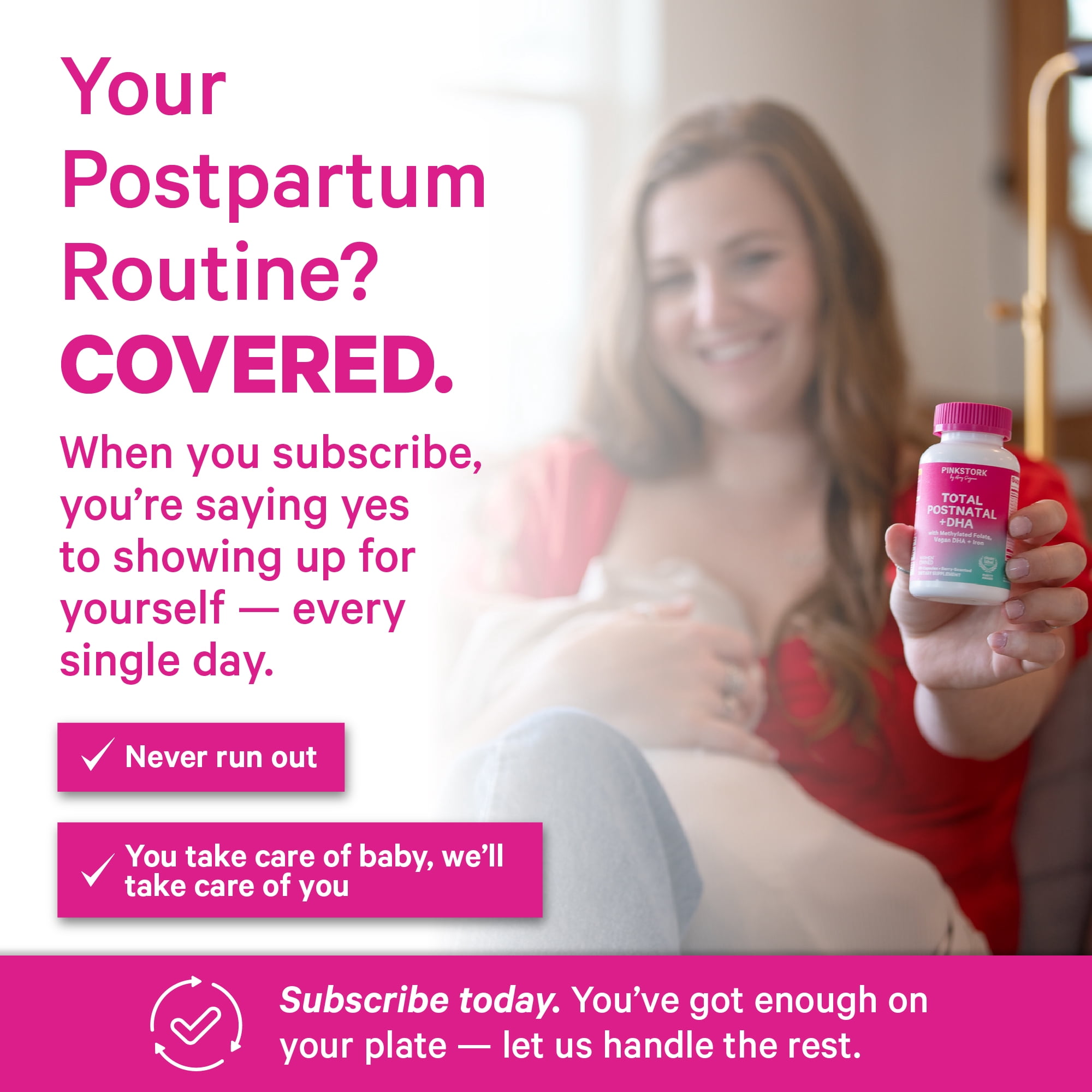 Pink Stork Postnatal Multivitamin for Breastfeeding Moms, 60ct - Vegan Algae DHA, Iron, Folate, and Vitamin B12, No Fishy Burps, Berry Scented