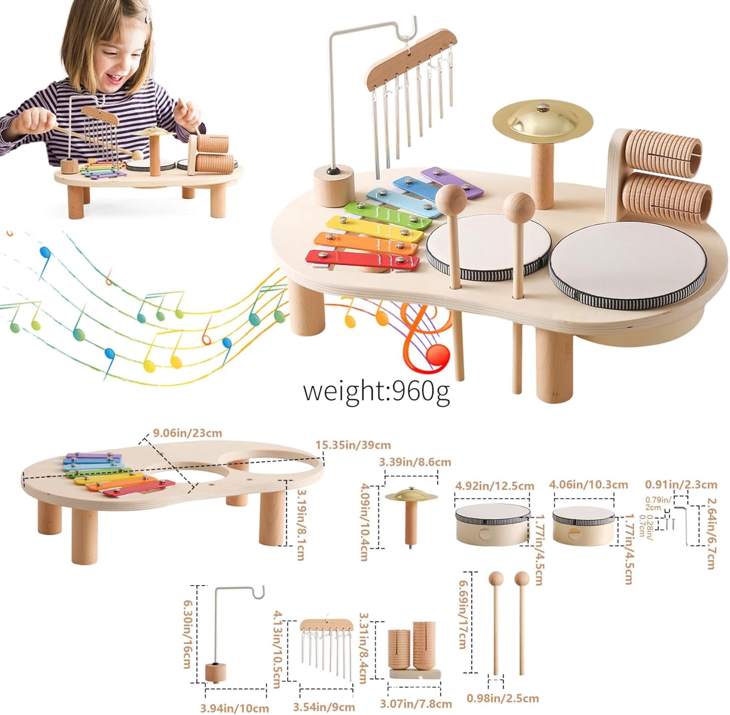 Kids Drum Set 5 in 1 Wooden Toddler Drum Set Educational Kids Musical Instruments Baby Safe Enlightening Percussion Instruments for Birthday (1Set)
