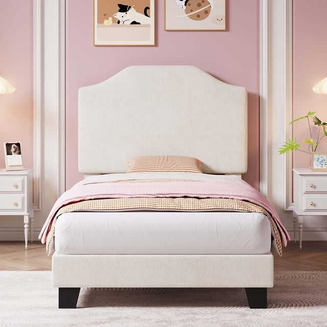 BeesClover Cadre de Lit Plateforme Format Simple, Tête de Lit Rembourrée en Velours Ajustable, Lattes de Bois de Soutien Incluses, Installation Simple, Fini Moderne pour Chambre et Dortoir