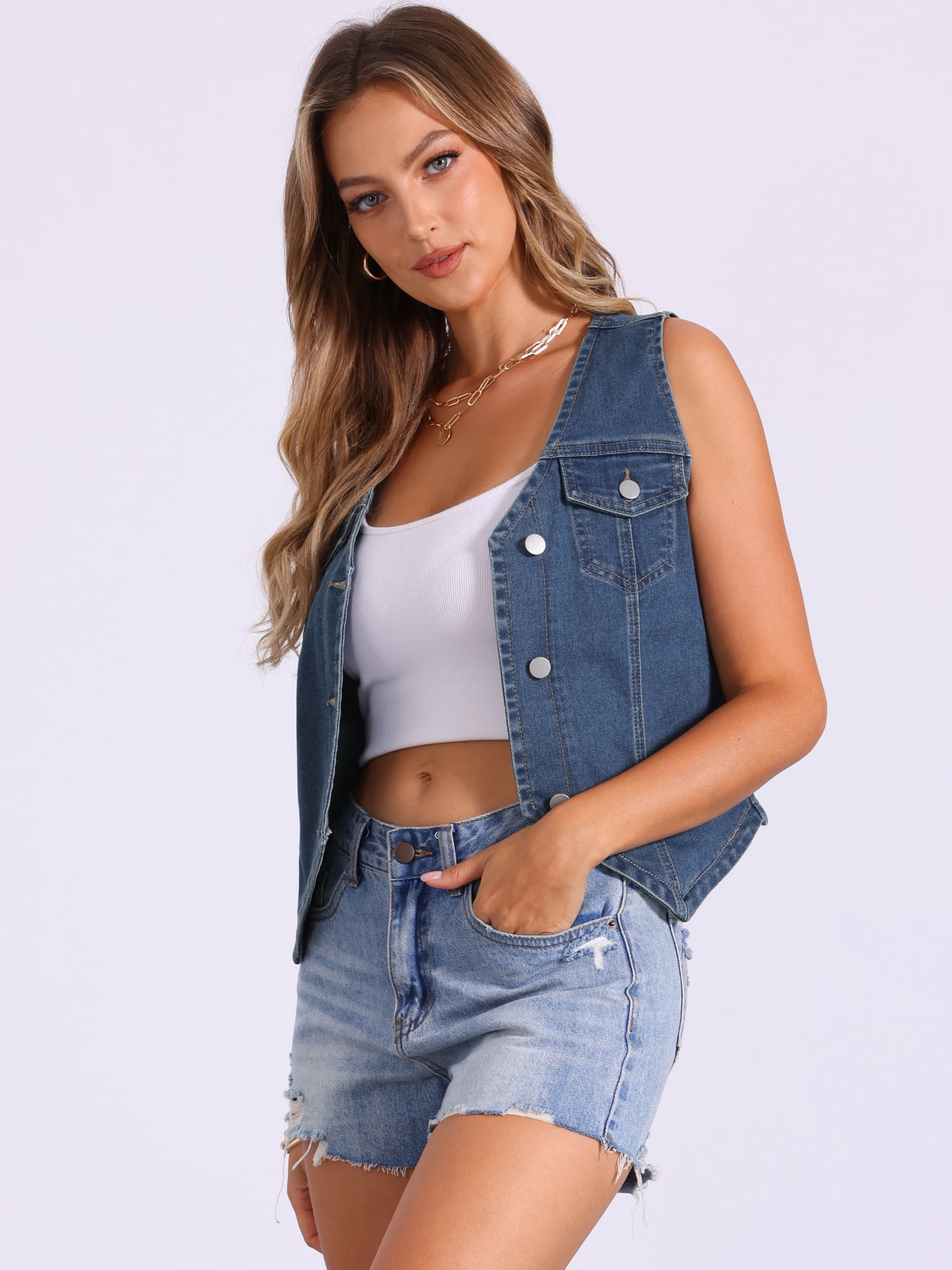 DARING DIVA Women's Denim Vest Jacket Sleeveless Jean with Pockets Top XS Blue
