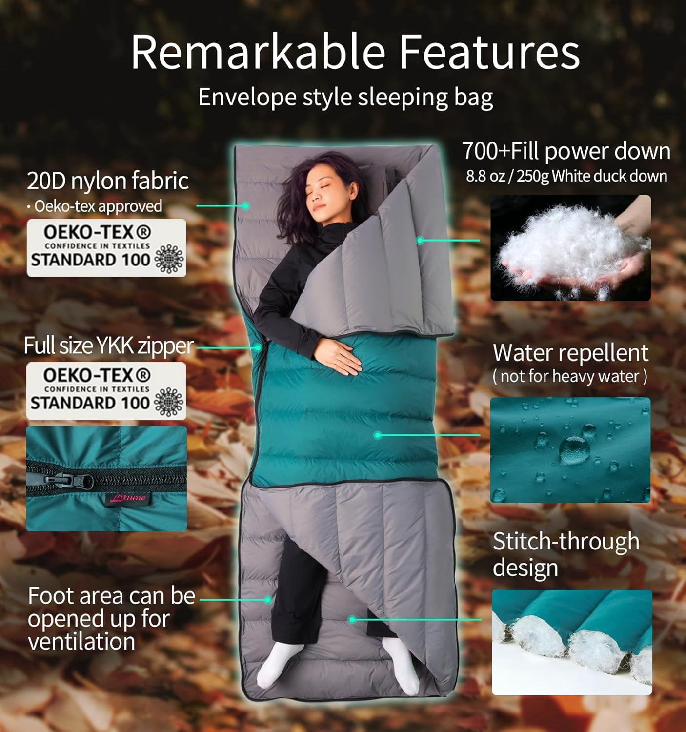 Litume 3-Season Ultra Compact Down Sleeping Bag, Lightweight 700 Fill Power, Packable Single or Double for Adults, Backpacking, Camping, Hiking with Stuff Sack (C2202)