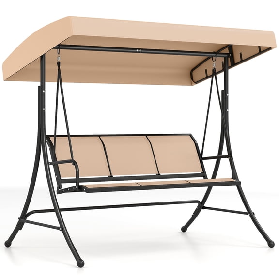 Costway 3-Seat Patio Swing Chair, Outdoor Swing with Adjustable Canopy, Heavy-Duty Stand Beige Black