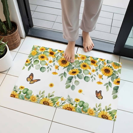Sunflower Leaf Indoor Door Mat 18x30 Inch Summer Country Flower Eucalyptus Leaves Butterfly Front Door Mat Non Slip Washable Entryway Rug Low Profile Dirt Trapper Doormat for Bathroom Kitchen Bedroom