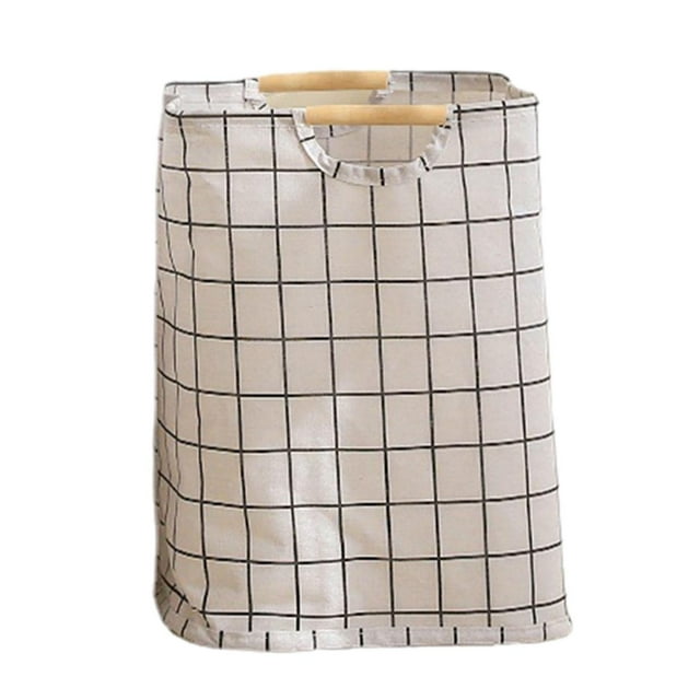cesto para la ropa sucia cesto para lavar cesto para la ropa sucia S plegable, vista frontal de cesta de lavandería de tela crema con cuadrícula negra, forma rectangular alta (30 x 30 x 40 cm) con asas de madera en la parte superior y costuras visibles; ligero y portátil para almacenamiento en cuarto de lavado o balcón; también suele usarse para organizar juguetes o ropa de temporada.