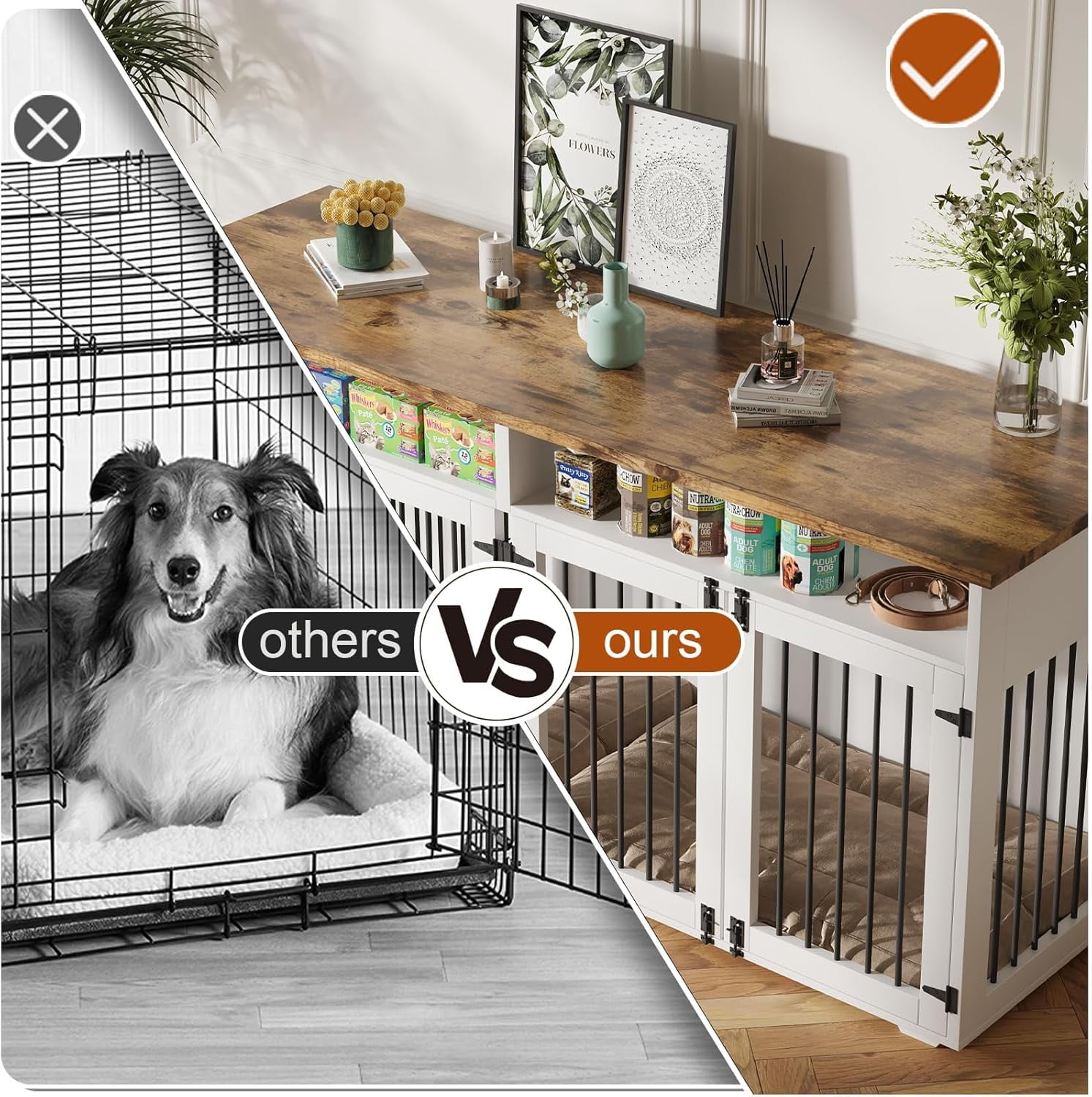 DreamCurship 63 Inch Dog Crate Furniture, 2-Door Wooden Dog Crate Kennel Furniture with Divider, Indoor Dogs Kennel for Small to Medium, White