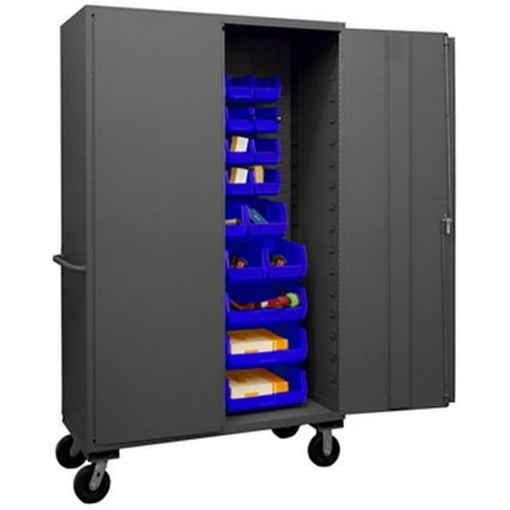 Durham 3502M-BLP-42-5295 14 Gauge Flush Door Style Lockable Mobile Cabinet with 42 Blue Hook on Bins, Gray - 48 in.