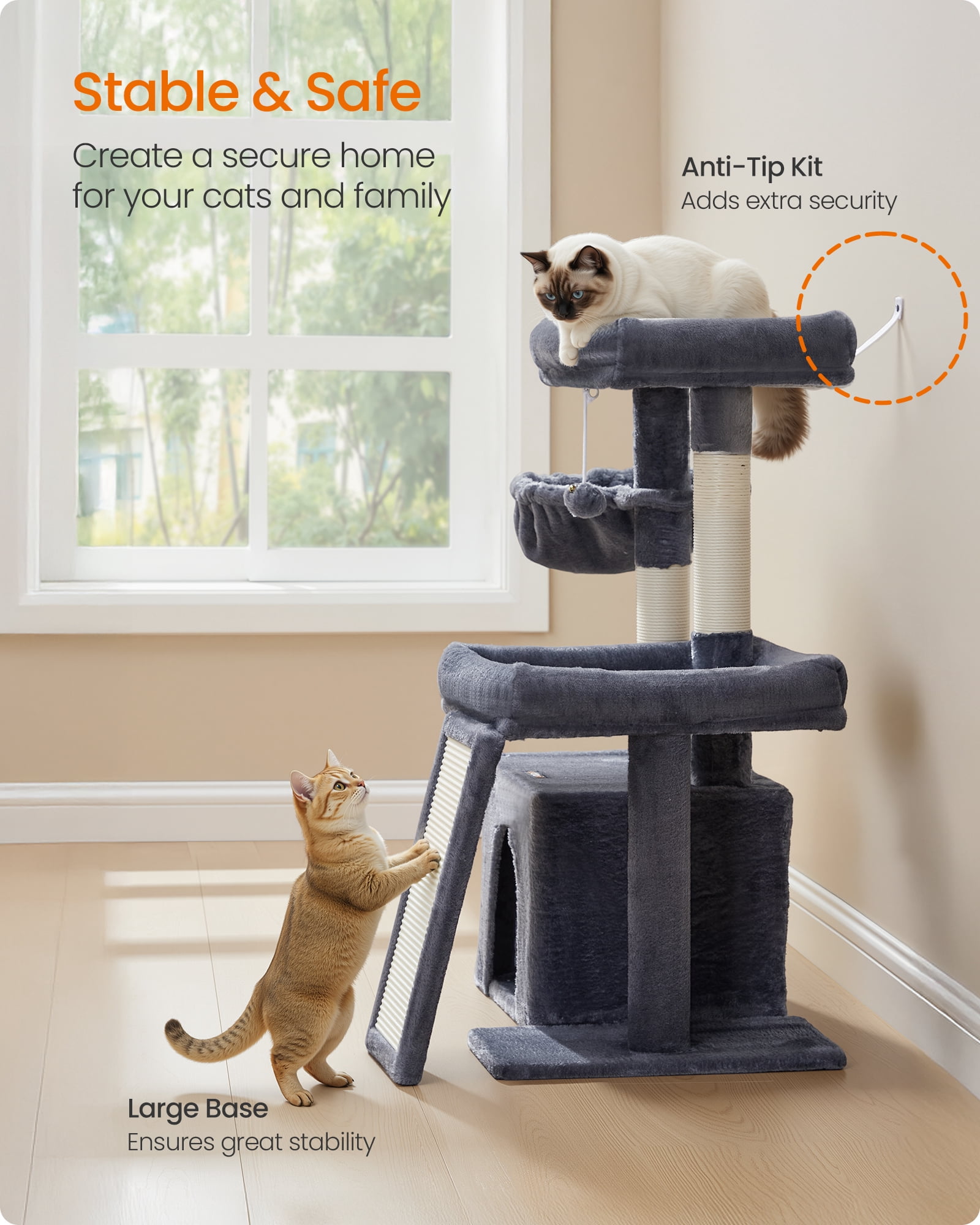 Feandrea Cat Tree, Cat Tower Condo with Scratching Posts and Ramp, 2 Large Perches, Cave, Basket, 33.8 Inches Tall, Dark Gray