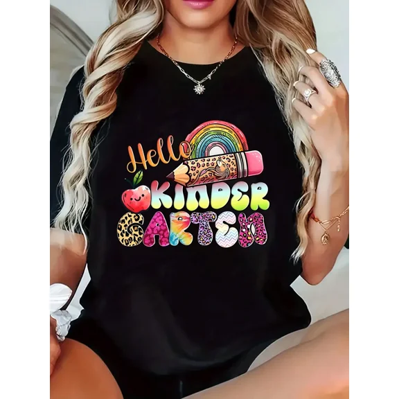 Women's T-Shirt Hello Kindergarten Rainbow Pencil Tee Back To School 220g