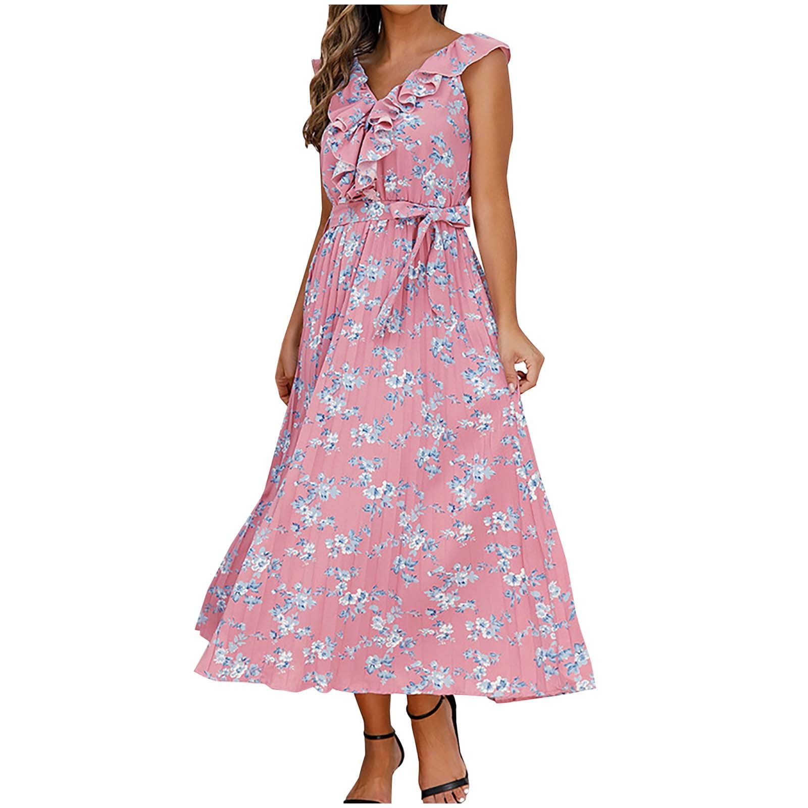 Dresses for Women 2023 Sleeveless Printing Floral Pattern Chiffon Dress ...
