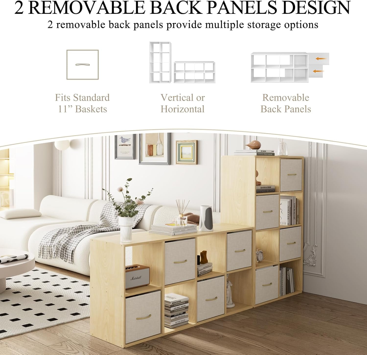 4 Cube Storage Organizer - Solid Wood Bookshelf with 2 Storage Bins, Cube Shelf with 2 Removable Back Panels, Vertical or Horizontal Bookcase, Open Book Shelf for Bedroom, Living Room, Office