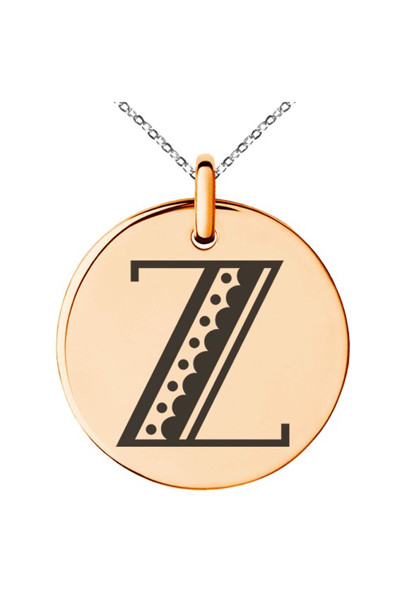 Stainless Steel Letter Z Initial Metro Retro Monogram Engraved Small Medallion Circle Charm Pendant Necklace