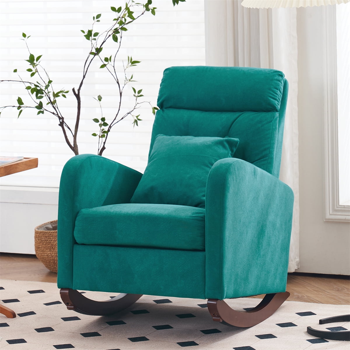 Accent Rocking Chair, Upholstered Rocking Armchair with High Back and Solid Wood Legs, Indoor