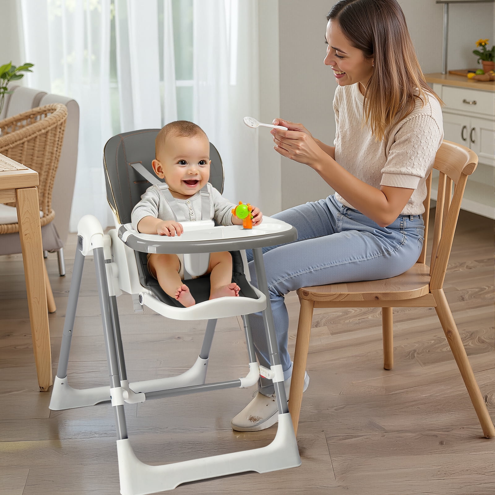 Ktaxon Baby High Chair, Convertible 6 in 1 Baby Highchair with Swing Function for Babies and Toddlers, with 5-Point Safety Harness, Adjustable Dining Tray, Backrest, Footrest & Height, Gray