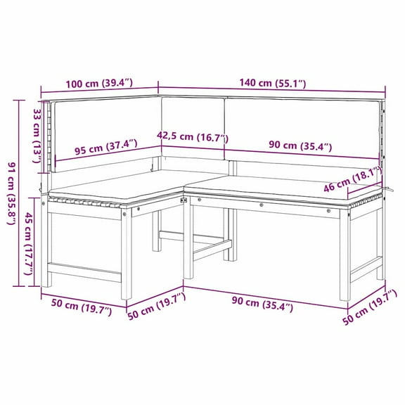 vidaXL Garden Corner Bench with Cushions 140x100x91 cm Solid Wood Acacia