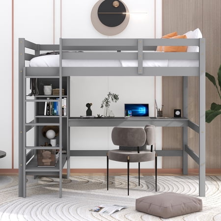 Full Wood Loft Bed with Ladder and Guard Rail, Loft Bed with Under-bed Desk and Shelves, Sturdy Frame, Loft Full Bed for Teenagers, Multiple Functions Bed(Gray)